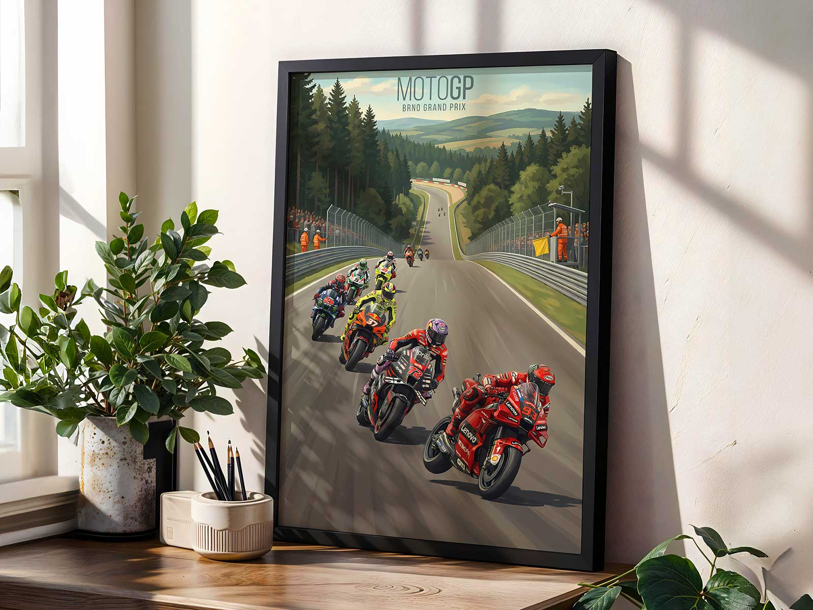 Poster focusing on Acosta's motorcycle details—wheel, fairing, and sponsor graphics—presented in high contrast
