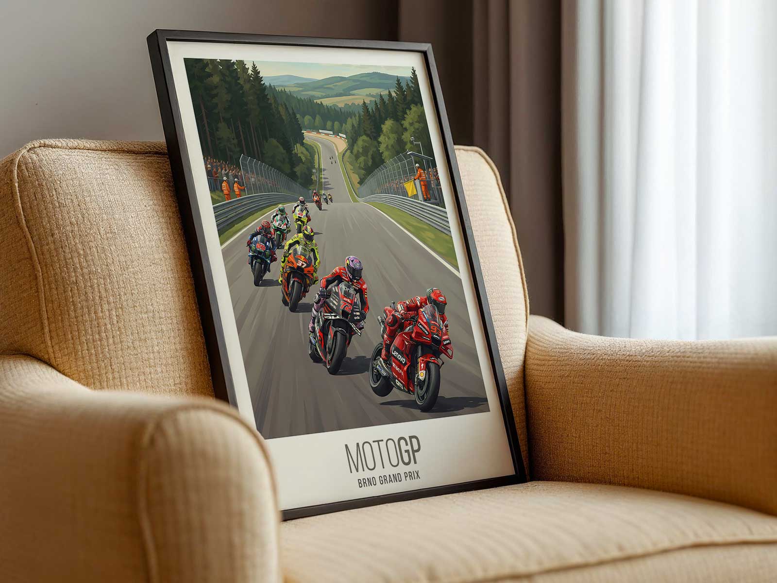 Stylized portrait poster of Acosta in racing gear with bold graphic background