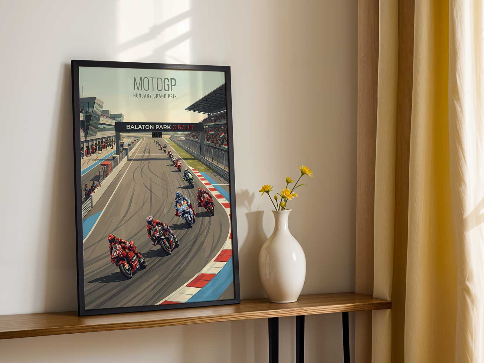 Cinematic lighting on an Alex Marquez poster, spotlighting the rider against a moody, textured sky