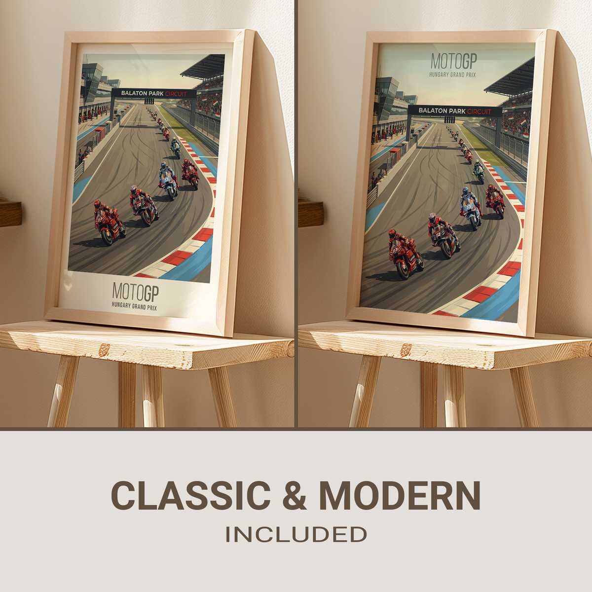 Alex Marquez poster showing his bike cutting through a racetrack at sunset with long shadows and warm golden light