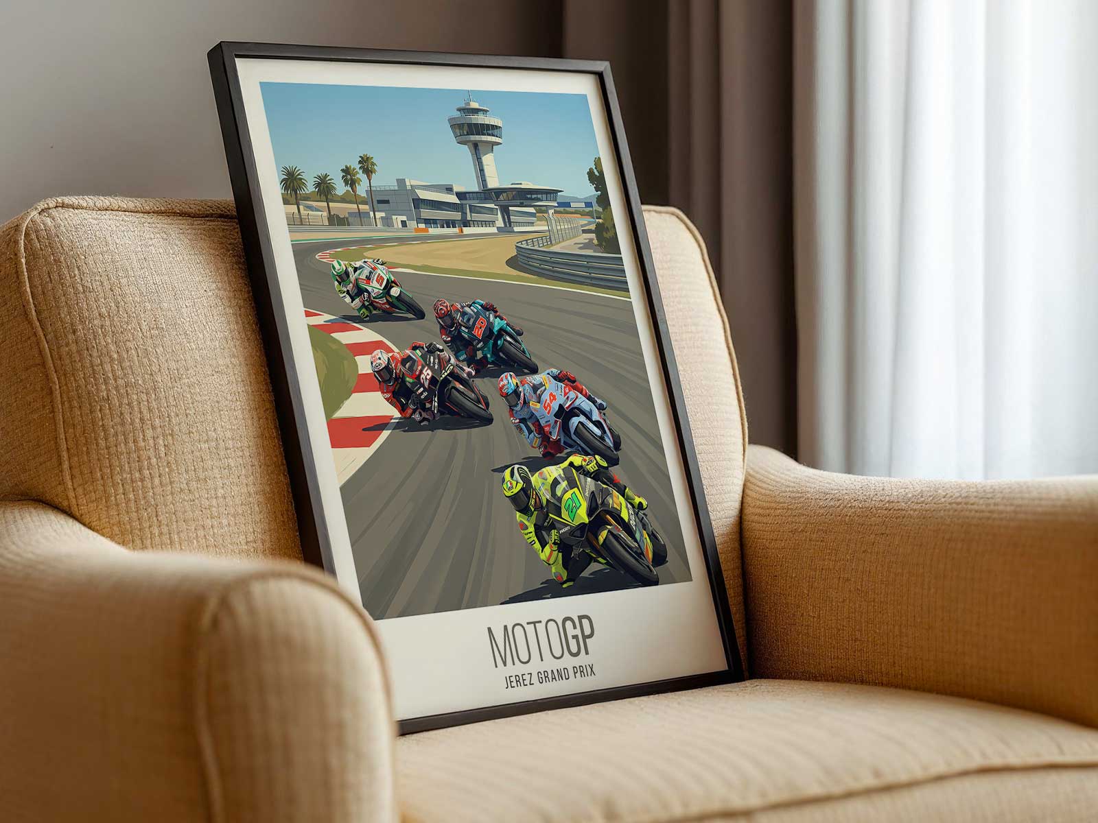 Atmospheric MotoGP race scene with Aprilia bike and crowd at Jerez circuit