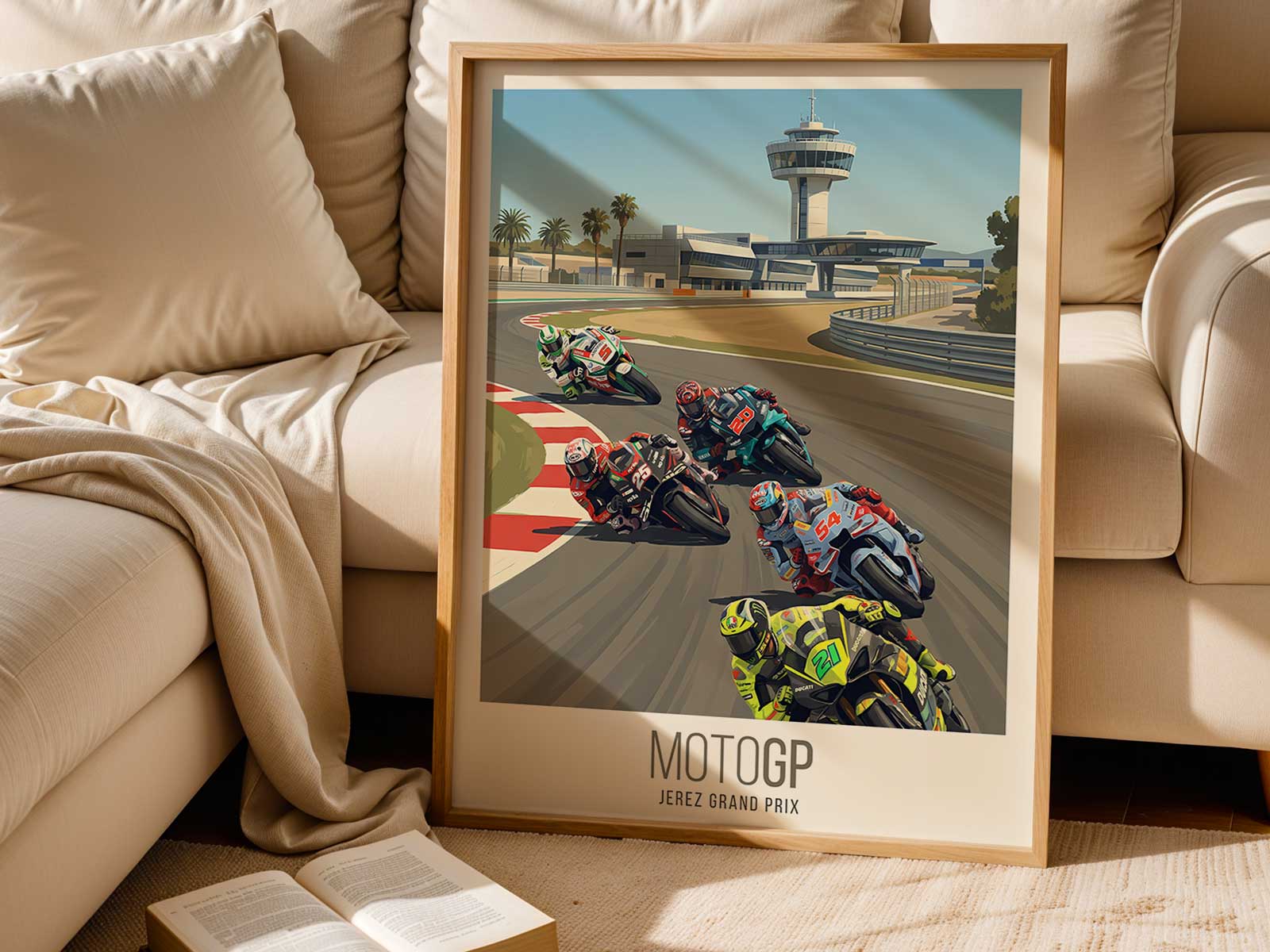 Dynamic scene of Aprilia MotoGP rider exiting a high-speed corner at Jerez track