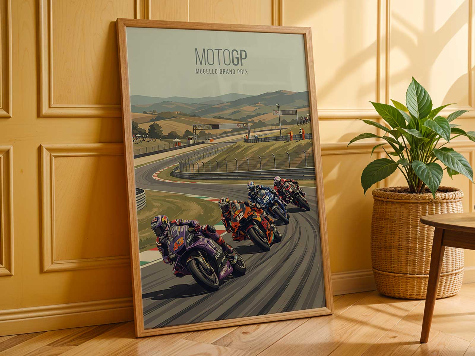 Aprilia MotoGP bike flowing across Mugello track in vintage composition