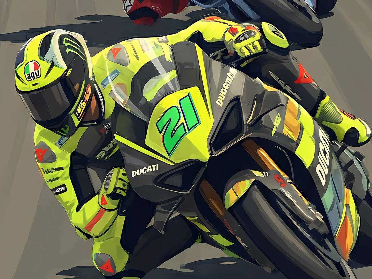 Close-up of a MotoGP bike approaching through morning mist with diffused light and softened background