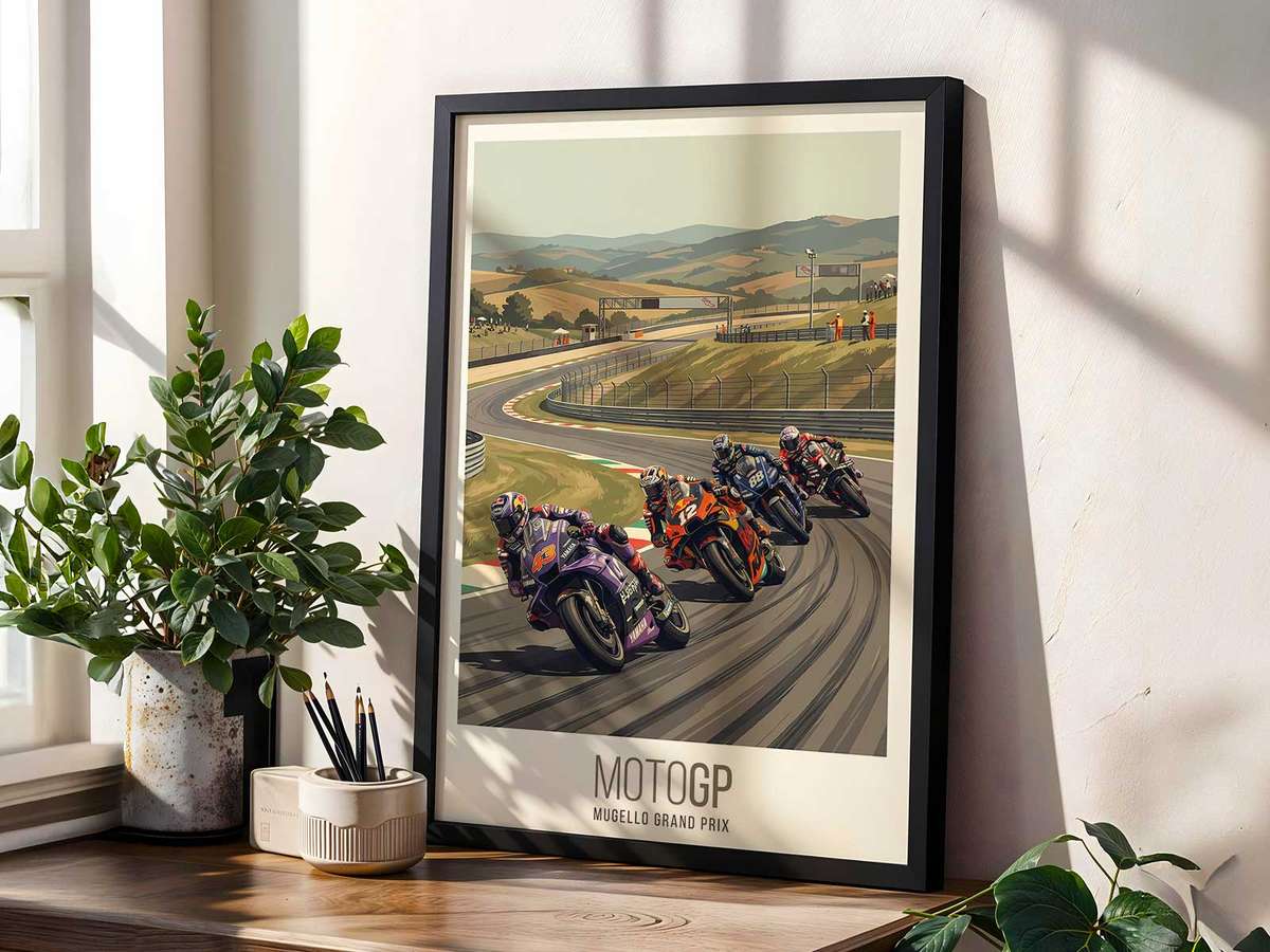 Textured collage poster combining vintage race photos, ticket stubs, and a central Bagnaia image