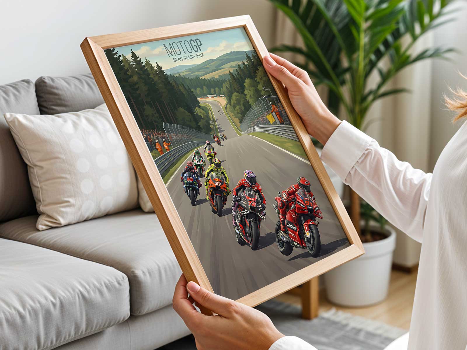 Dynamic racing scene with motorcycle transitioning from speed to corner entry
