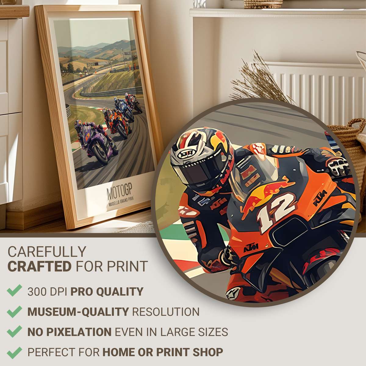 Portrait-style retro poster of Bagnaia on a classic MotoGP bike with warm faded colors