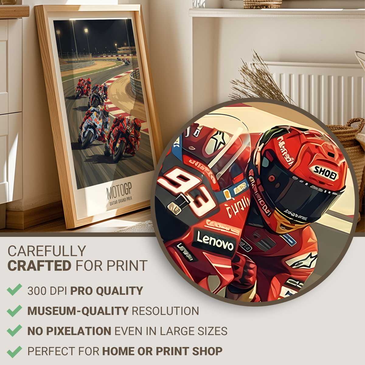 Close-up of a MotoGP Qatar poster showing a rider leaning through a night turn with desert lights and tire spray