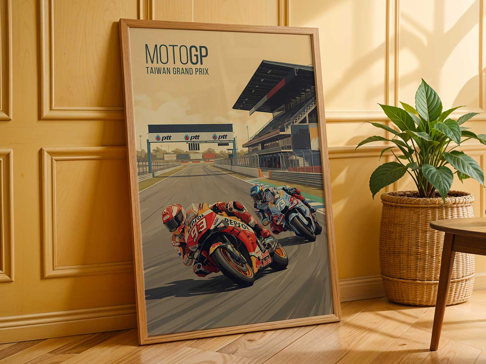 Tight group of MotoGP riders battling for position at the first corner of Chang circuit