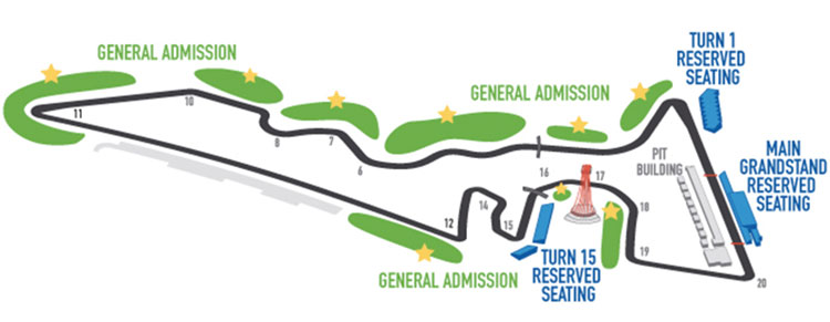 Motorcycle cresting the steep uphill approach into Turn 1 at Circuit of The Americas with braking zone visible