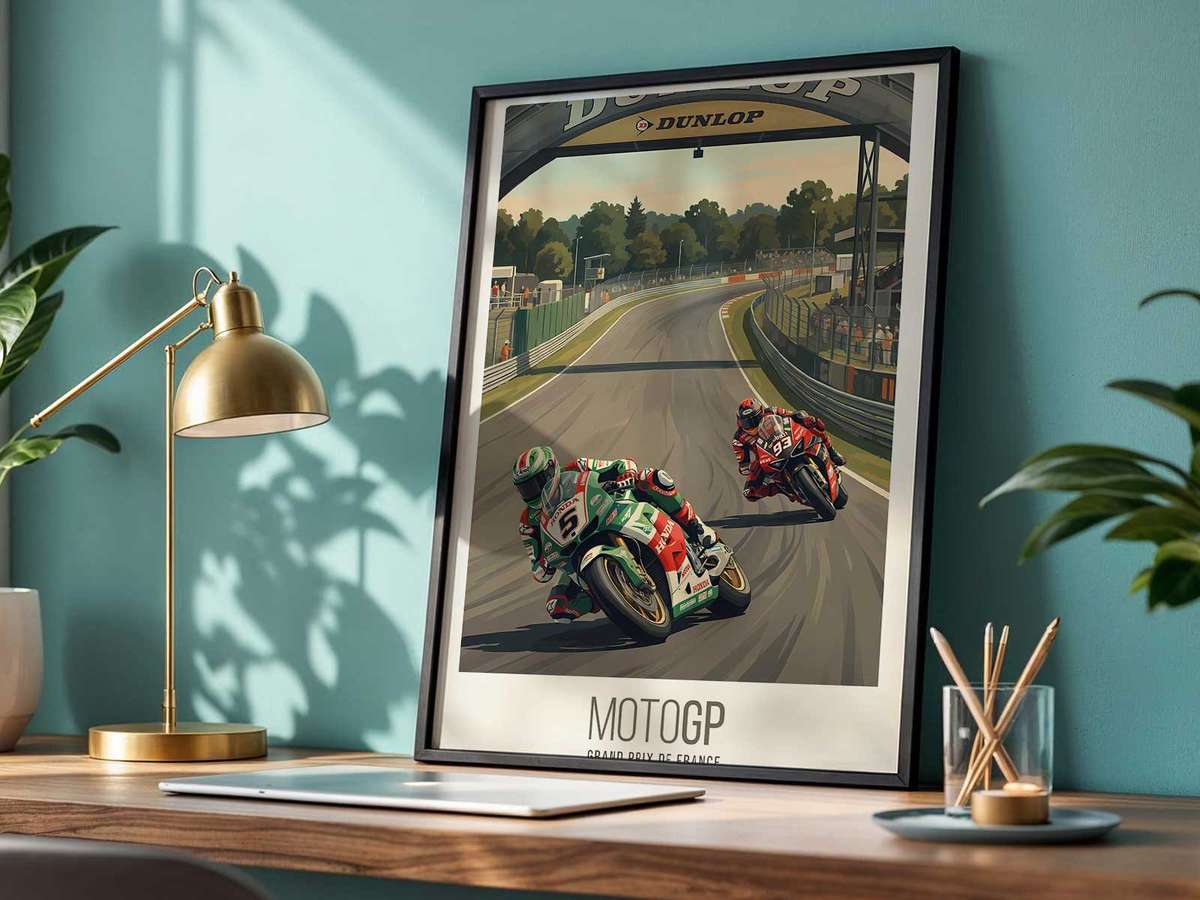 Artistic view of Ducati GP Racing showing racing lines with dramatic circuit energy for garage decor