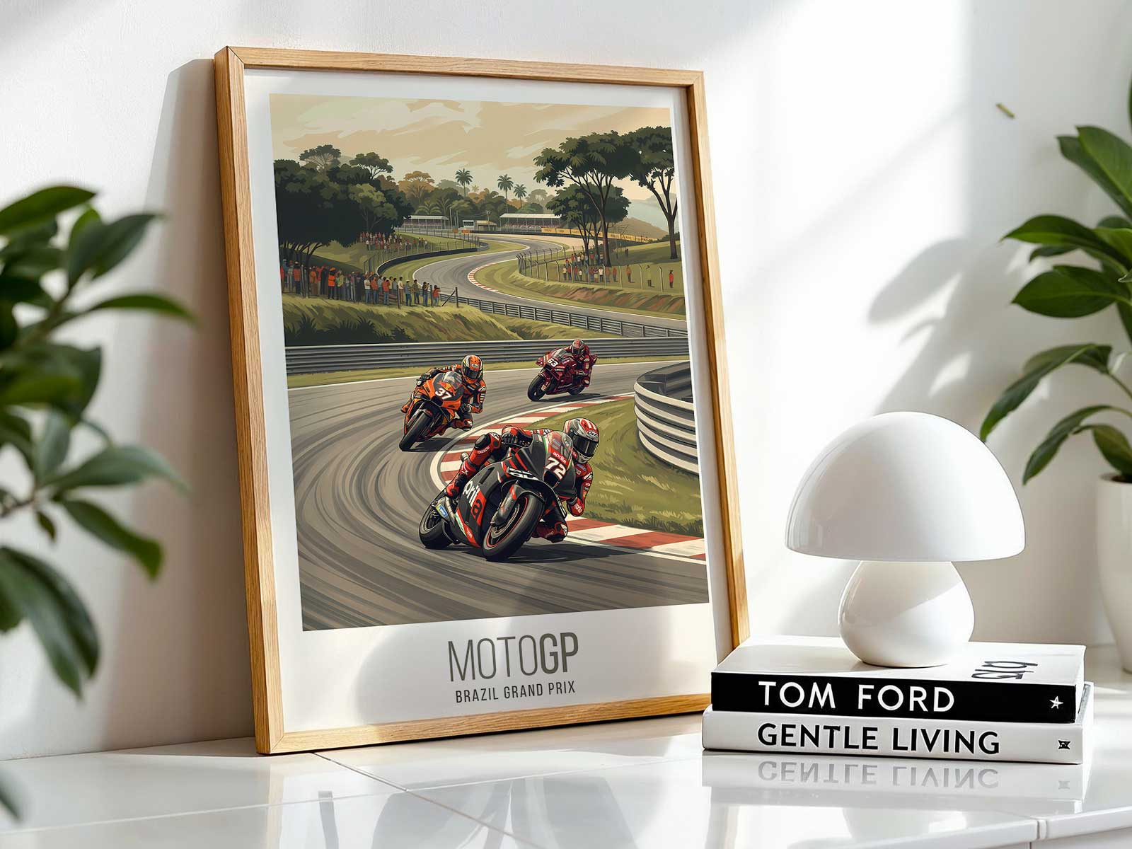 Artistic composition of Ducati MotoGP bike aligned with racing line and track curves