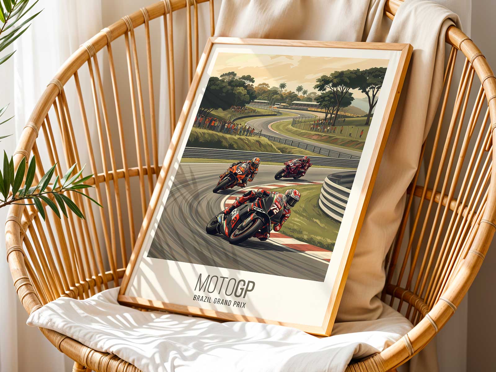 Ducati MotoGP bike entering Senna S curve with sharp lean angle and motion blur