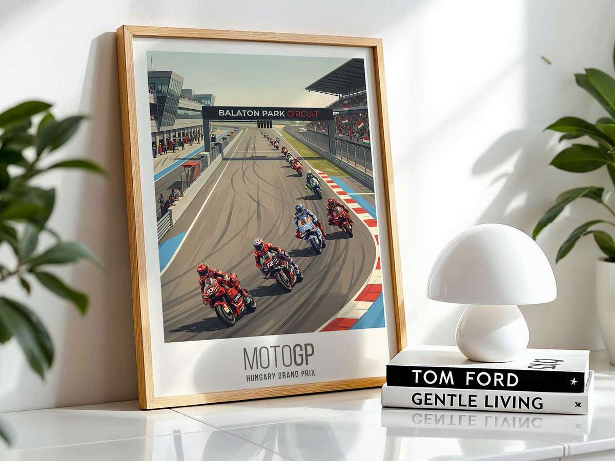 Dynamic silhouette of a MotoGP bike suggesting motion through blurred edges and directional lighting in a poster format