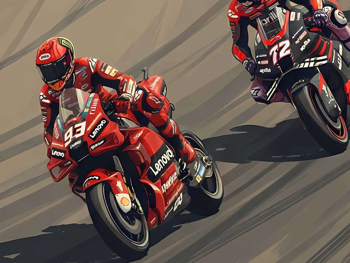 Close-up of a MotoGP prototype's exposed mechanical components and suspension, presented as dramatic wall art