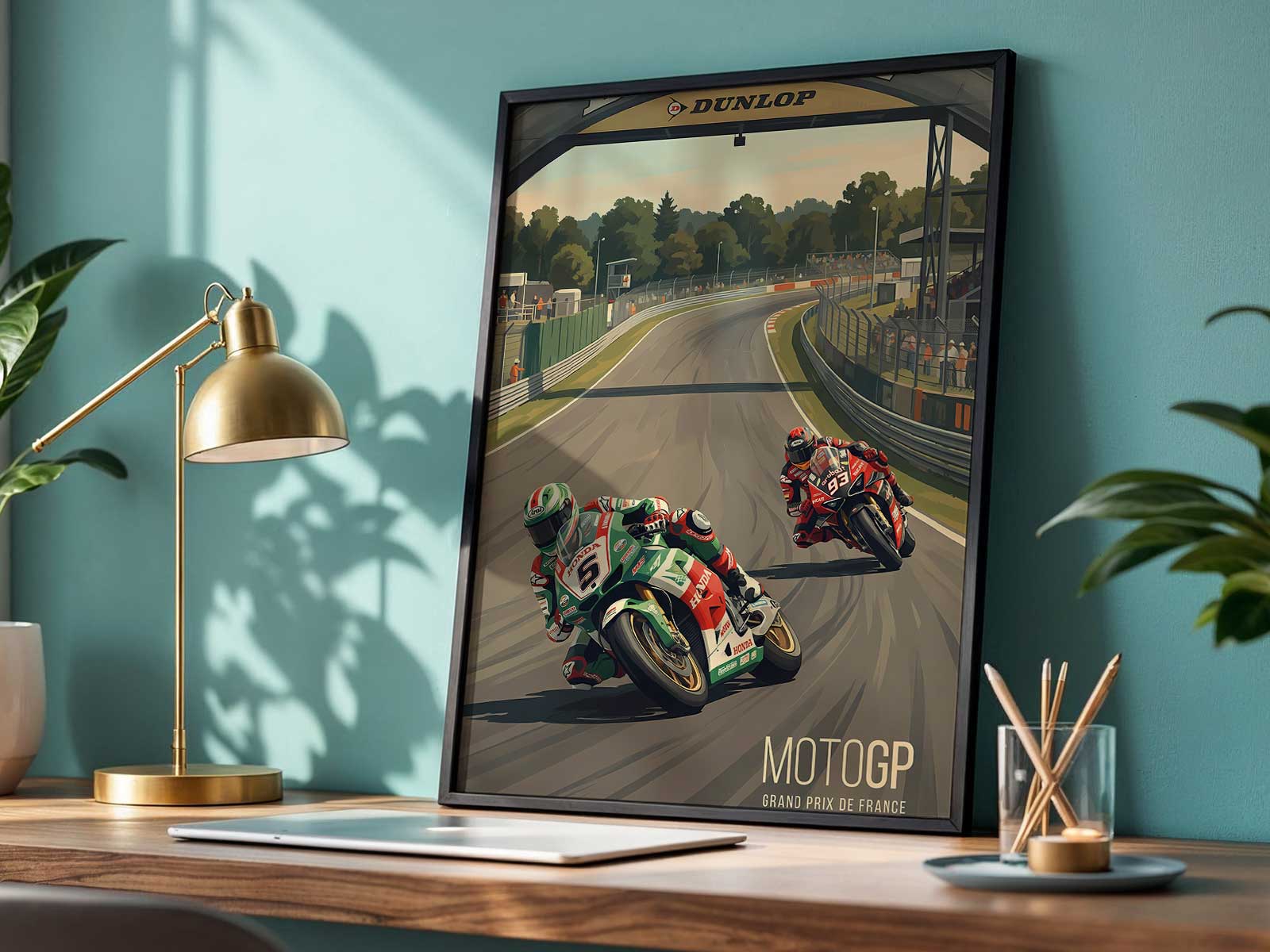 Dynamic foreground composition of a poster with a close racing bike and blurred background suggesting speed and tension