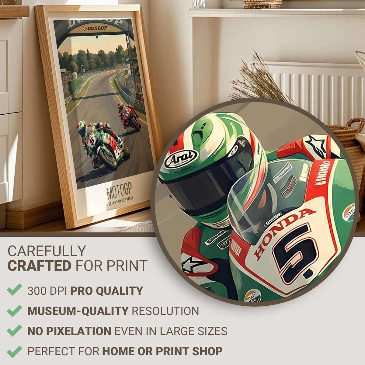 Wide view of a MotoGP poster showing the French track sweeping through rolling hills at dusk with riders in silhouette