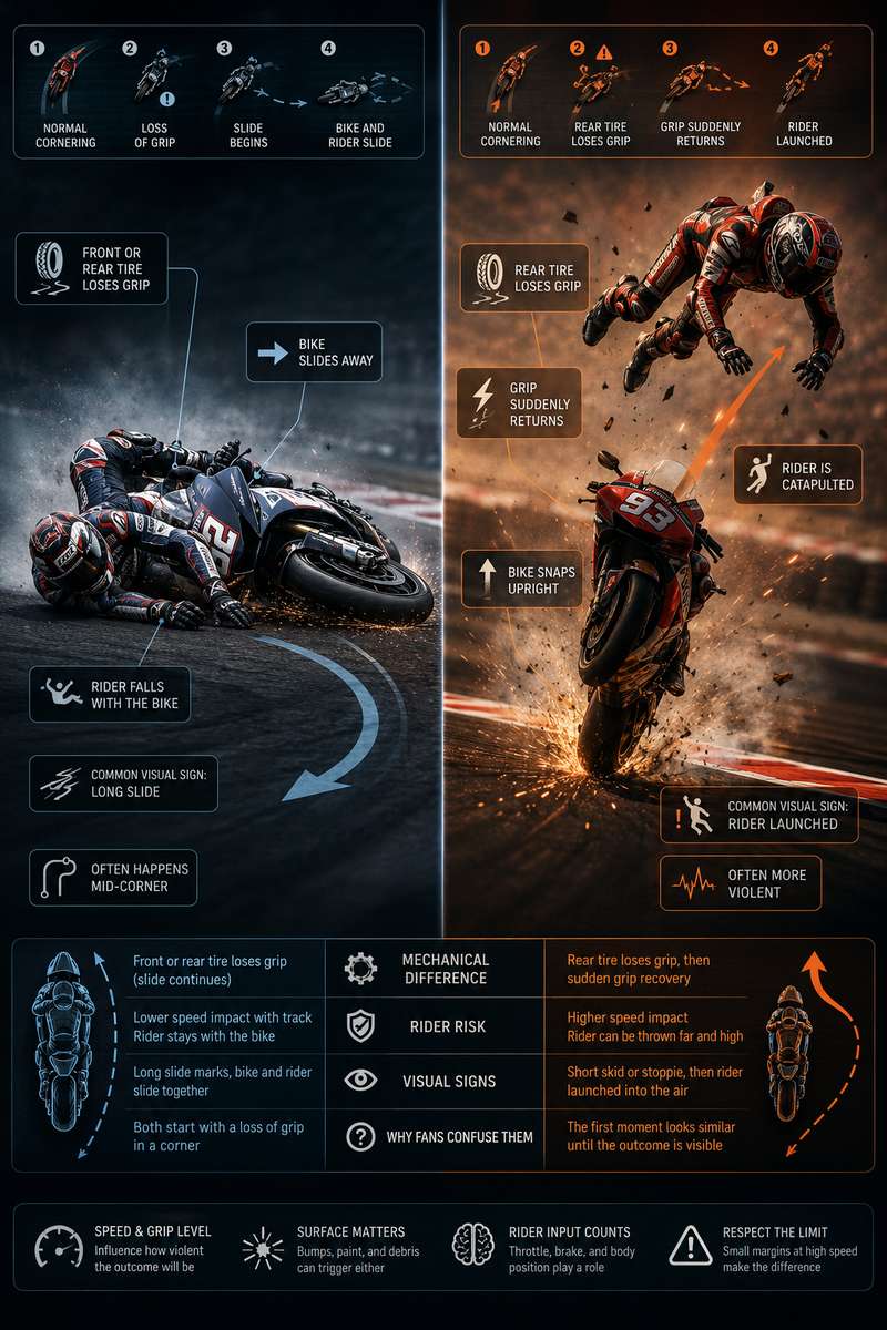 Leaned-over MotoGP bike sliding out sideways with rider sliding along the track in a lowside