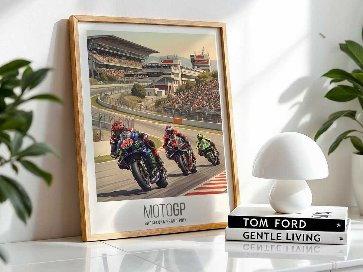 Iconic MotoGP race moment at Circuit de Barcelona-Catalunya capturing close racing and legacy riders