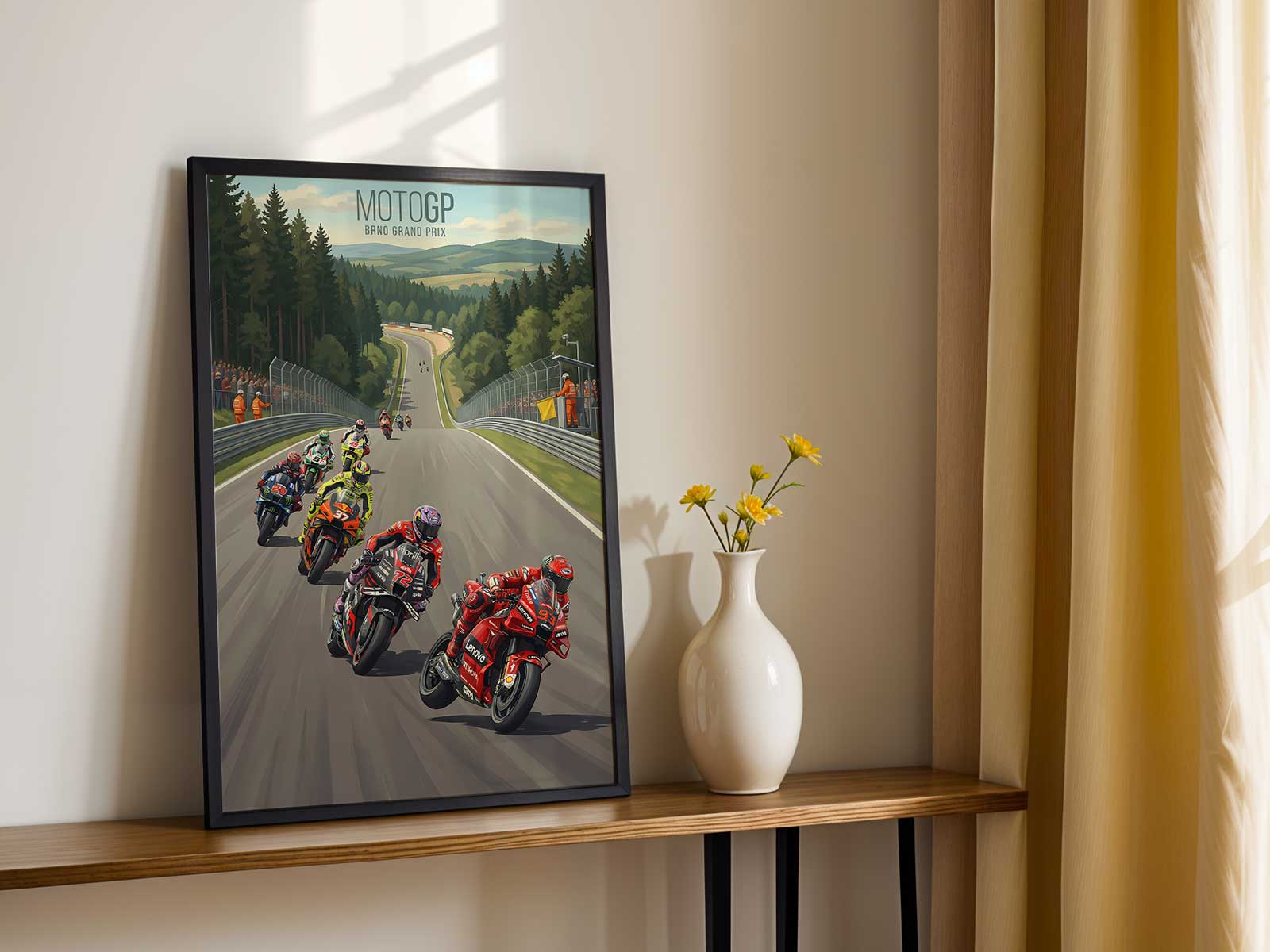 Motorcycle entering corner at high speed during race