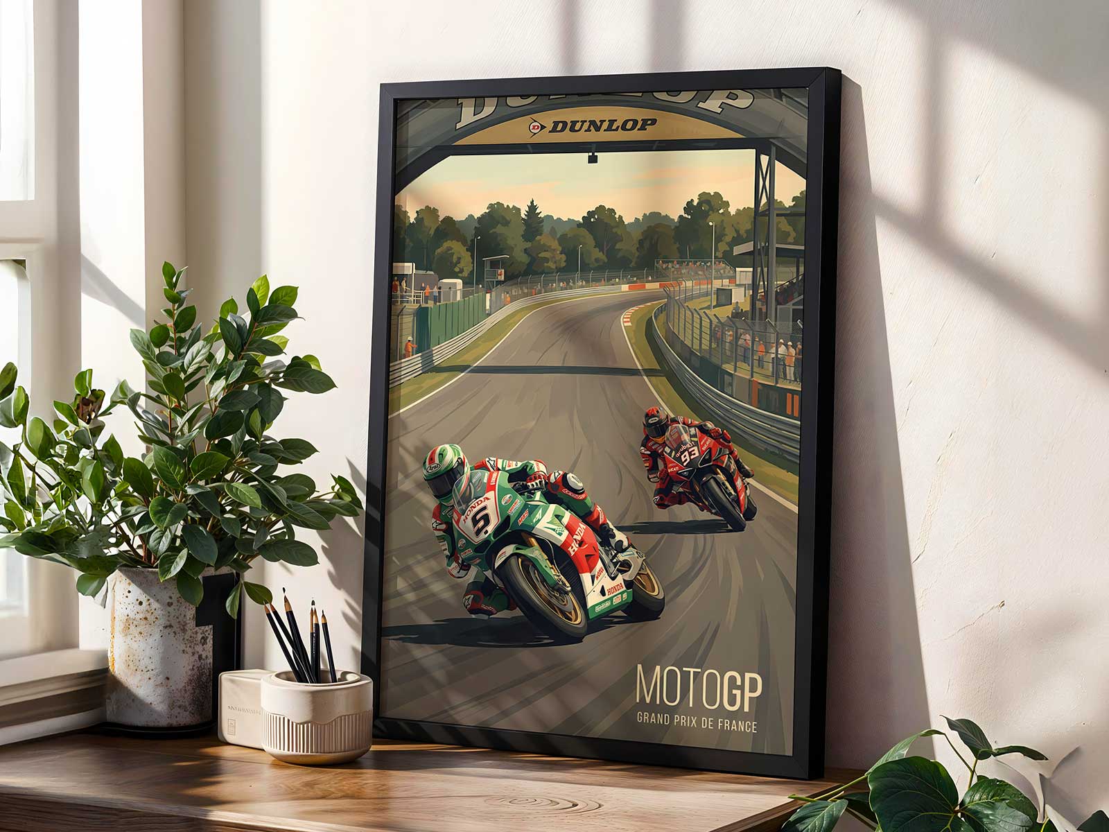 Rear-wheel lift on a Honda MotoGP bike as the rider accelerates into pursuit, emphasizing torque, balance, and pursuit…