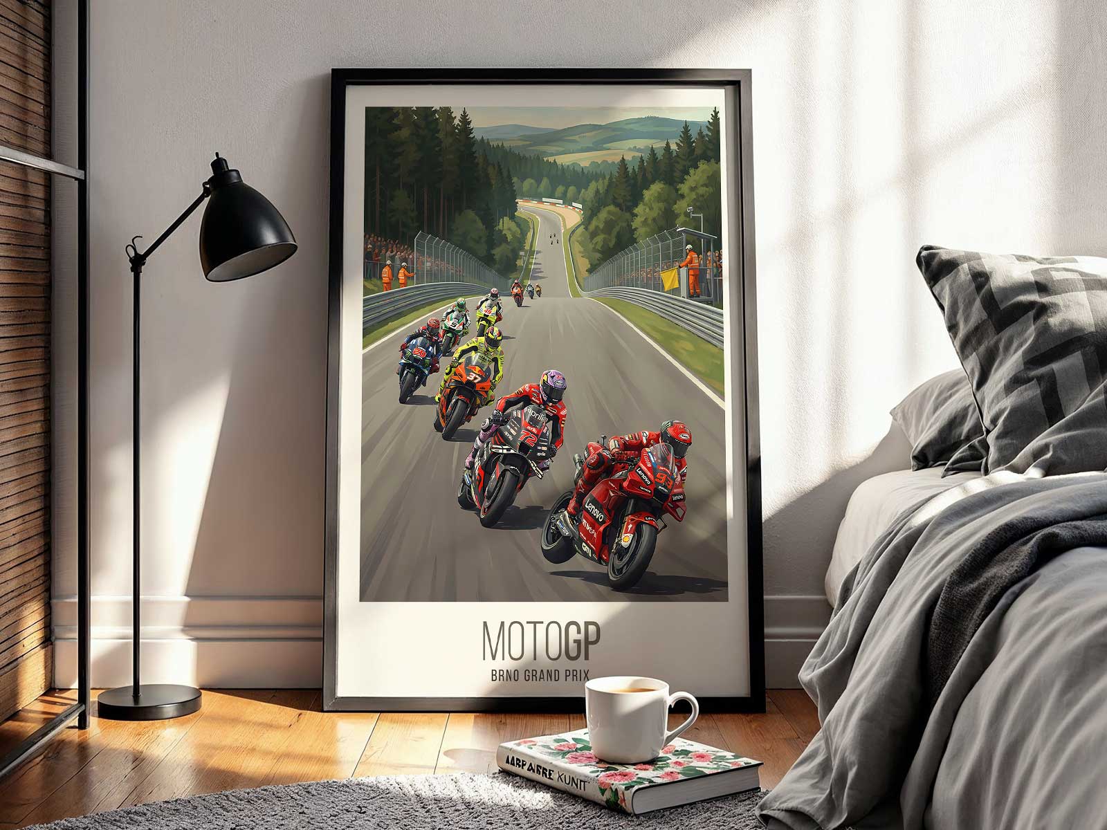 Atmosphere of a MotoGP circuit with KTM bike mid-corner under tension