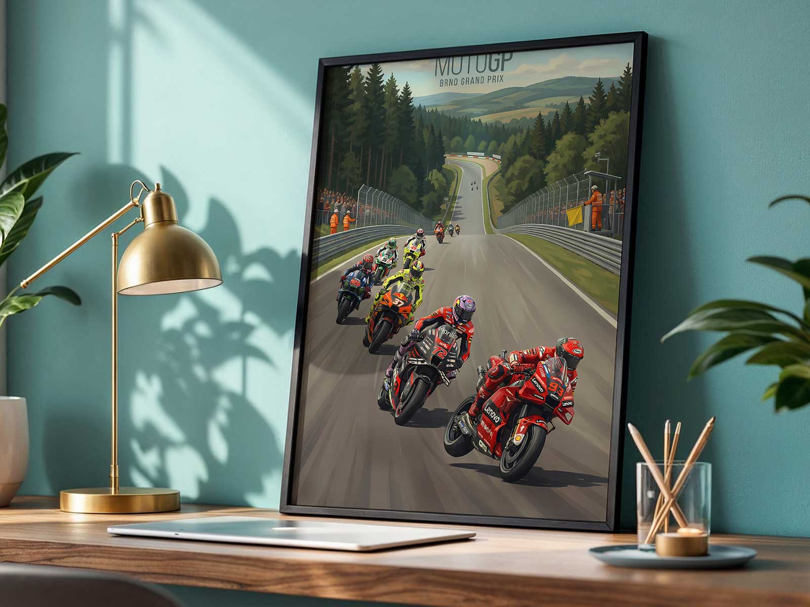 Wide view of KTM MotoGP bike navigating a flowing circuit section with smooth racing lines
