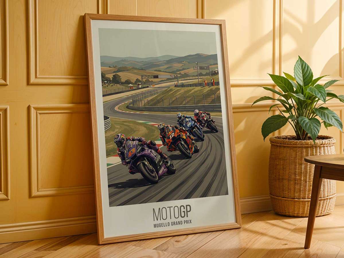 Wide-angle perspective of the Mugello track with a KTM RC16 framed by Tuscan landscape and dramatic clouds