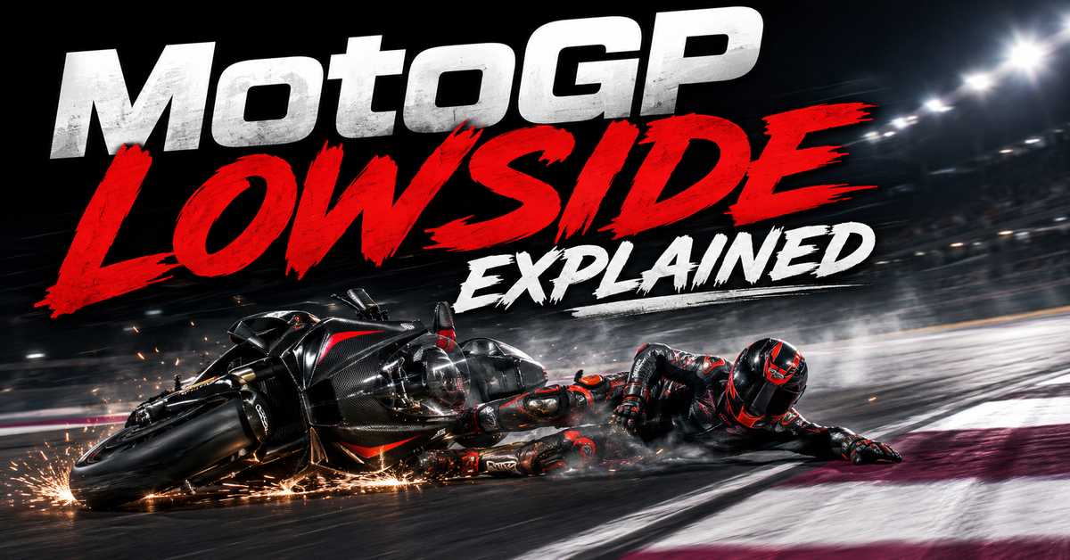 MotoGP rider sliding off the bike in a lowside during a corner with the motorcycle skidding on its side