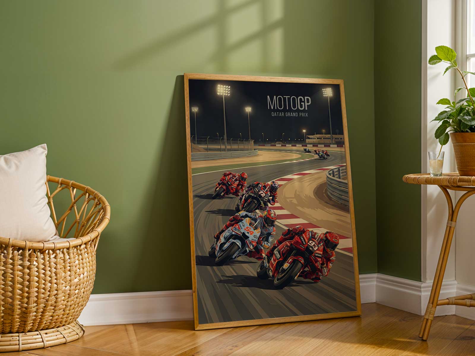 Atmosphere of Lusail night race with Ducati MotoGP bike under bright lights