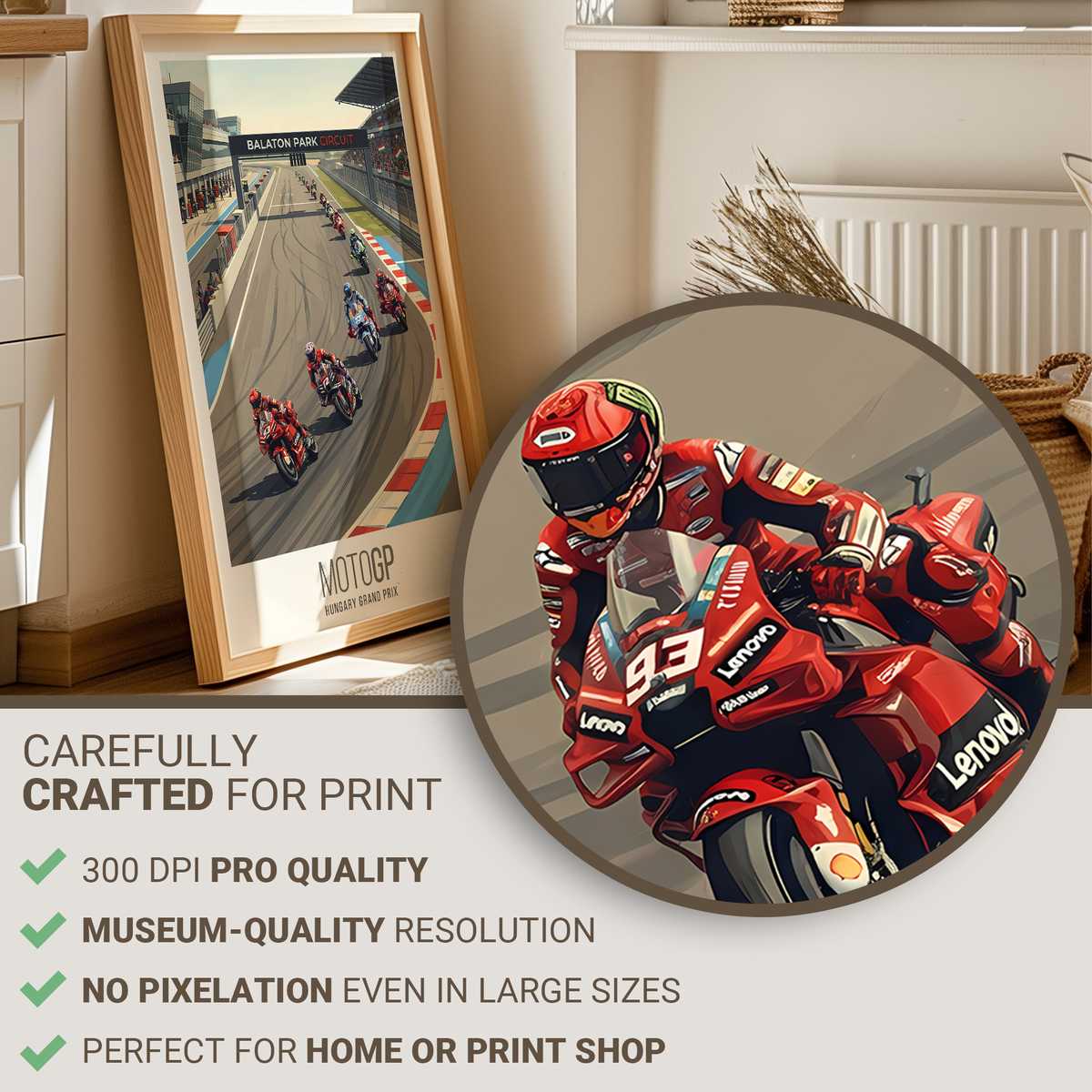 Marc Márquez aggressively braking into a corner, front wheel compressed and rear tire lifting on a MotoGP bike, captured…