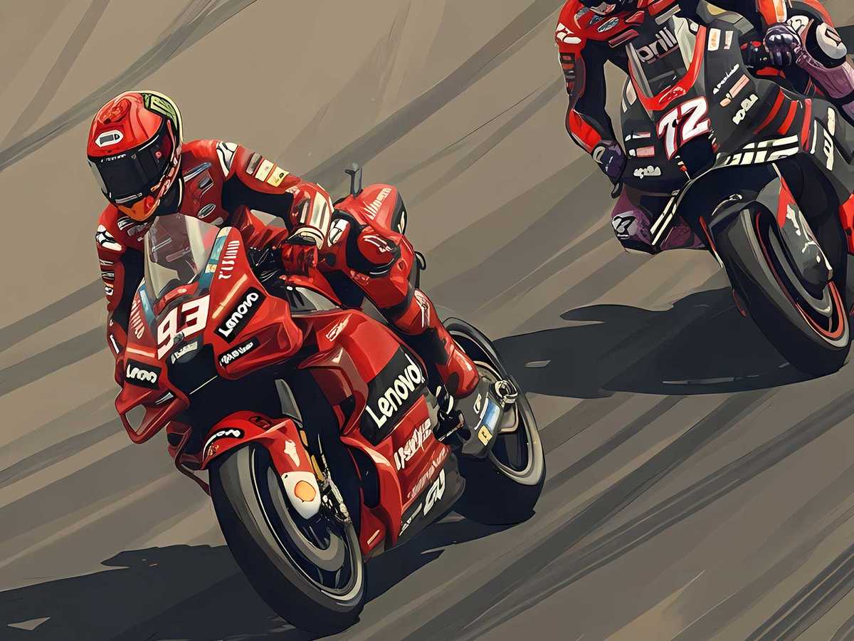 Marc Márquez leaned deeply over asphalt, knee grazing the track as the bike carves the apex, portrayed in striking poster…