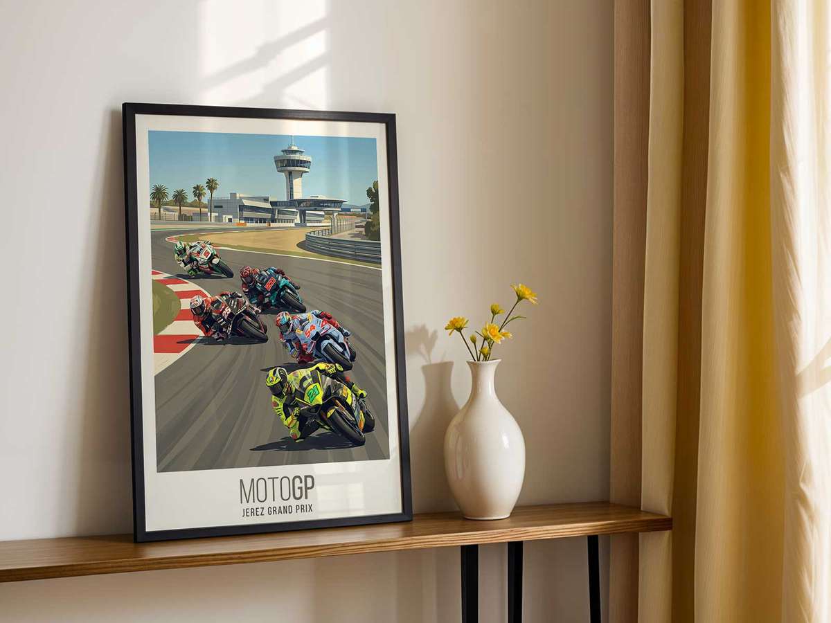 Close-up of a modern MotoGP bike negotiating a redesigned corner at Jerez with updated curbing and runoff