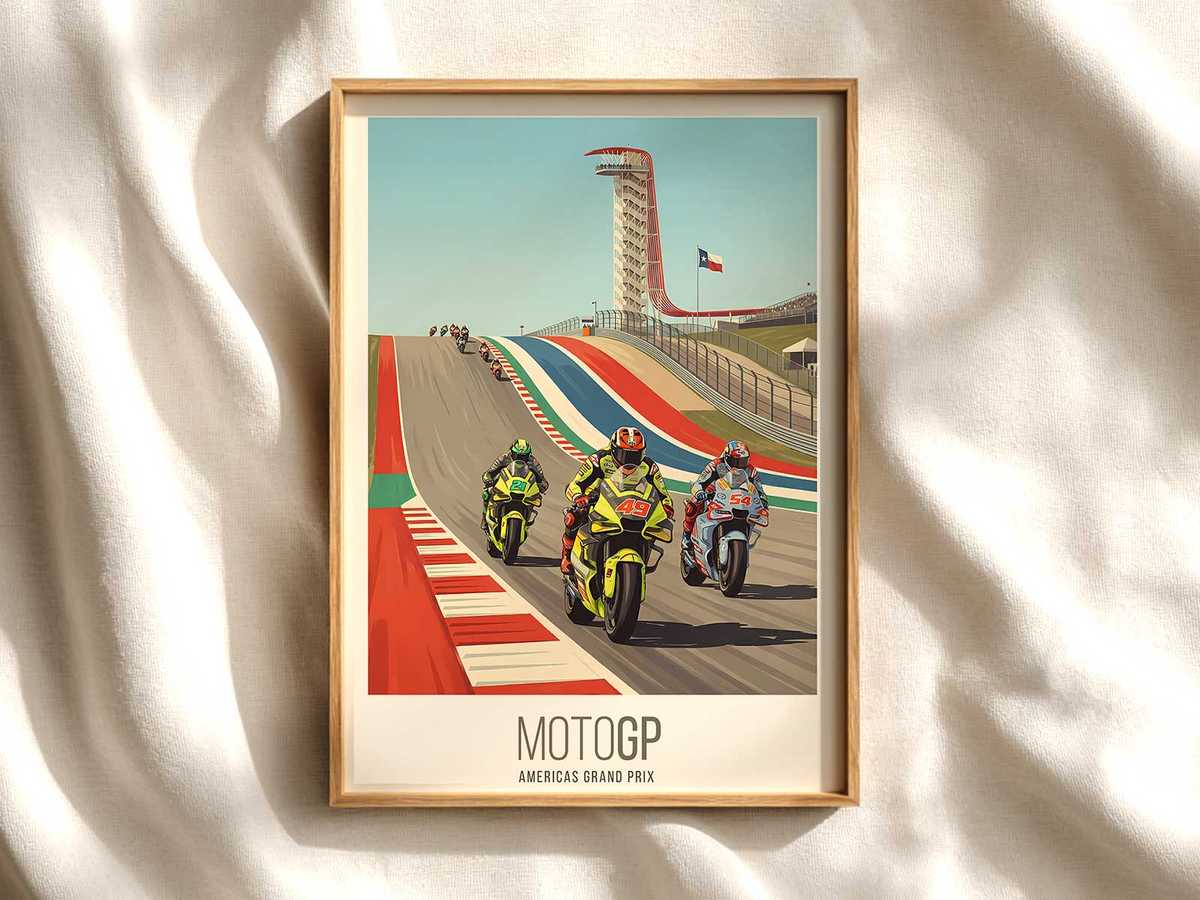 COTA Hills at Golden Hour Poster MotoGP poster shown as premium motorcycle racing wall art