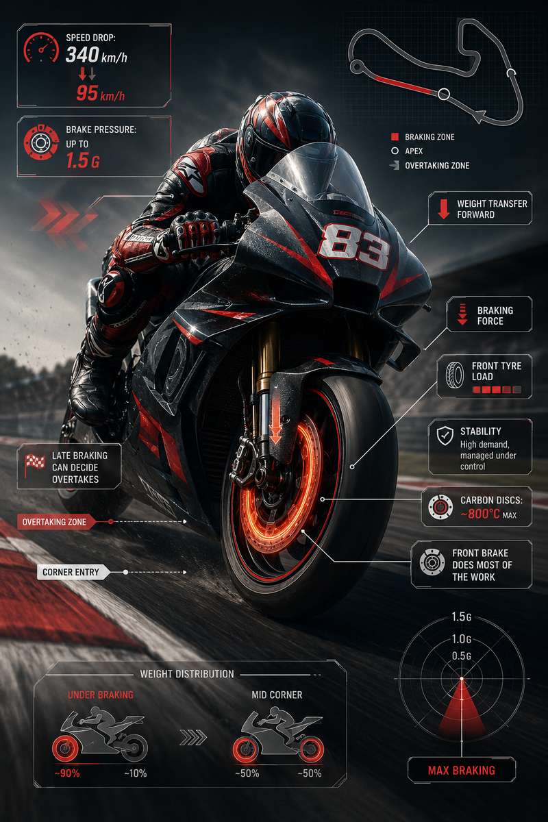 Close-up of front tyre and fork compressing under heavy braking, rubber contact patch visible