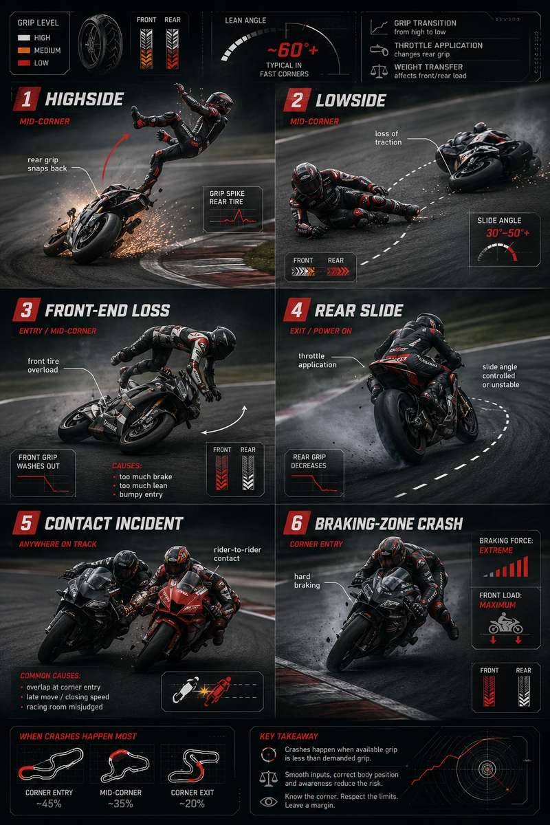 Motorcycle sliding out from under rider in a lowside with bike skidding along the asphalt