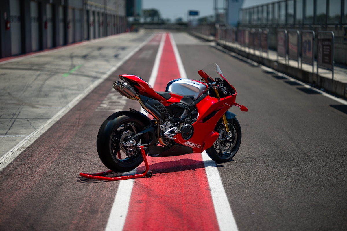 Ducati Desmosedici GP on a racetrack with race livery and prototype aerodynamics visible