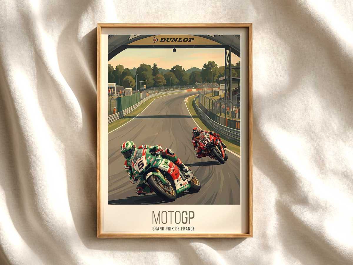 Track sweep: French MotoGP poster landscape view MotoGP poster shown as premium motorcycle racing wall art