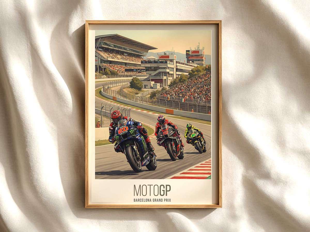 Yamaha MotoGP Corner Exit Poster Barcelona MotoGP poster shown as premium motorcycle racing wall art