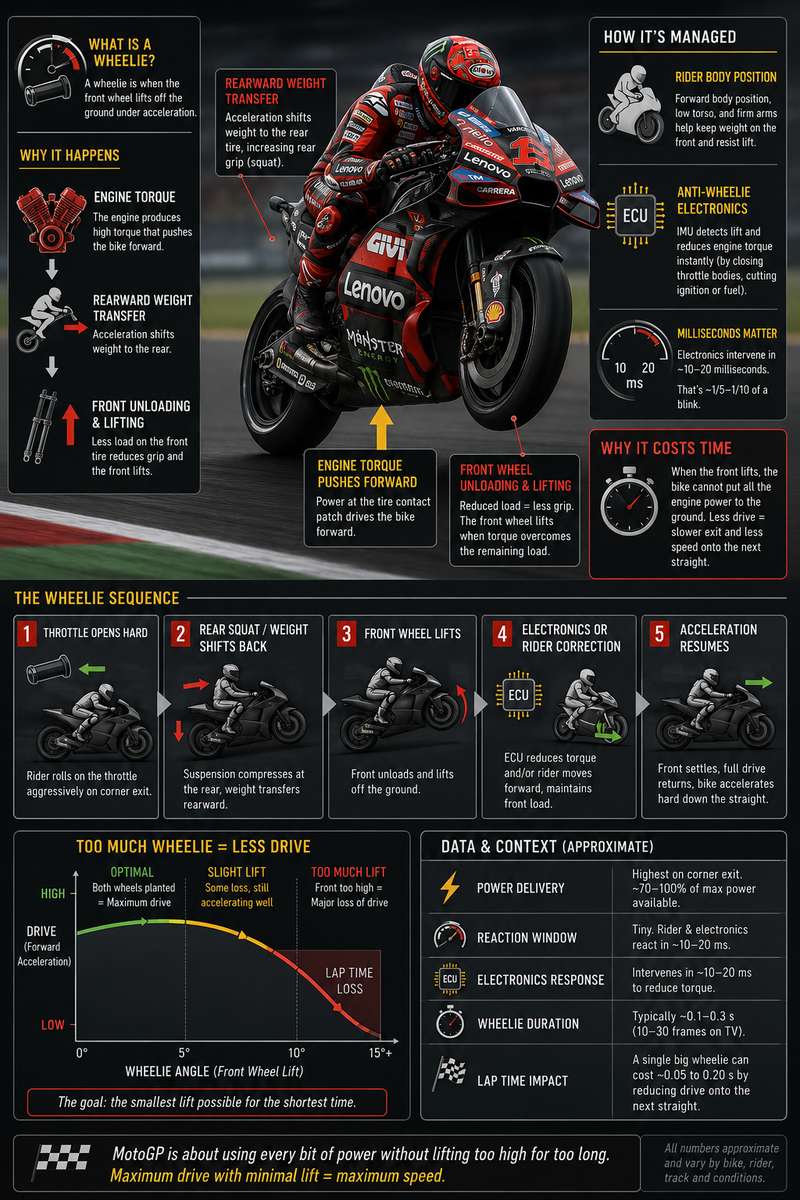 Front fork compressed under heavy braking with rider weight forward, highlighting load transfer to the front tyre