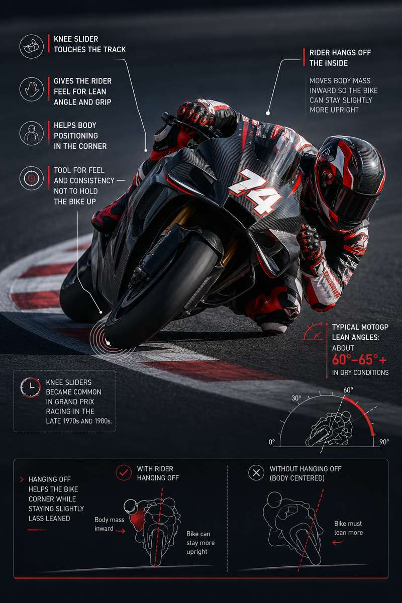 Close detail of a worn knee slider scraping the track surface as a rider leans