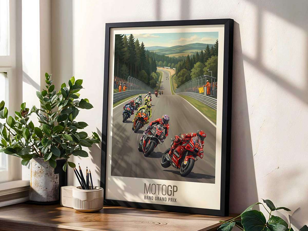 Motogp poster combining race action framed by a bold circuit atmosphere inspired by honda motogp and johann zarco at brno in a bold composition