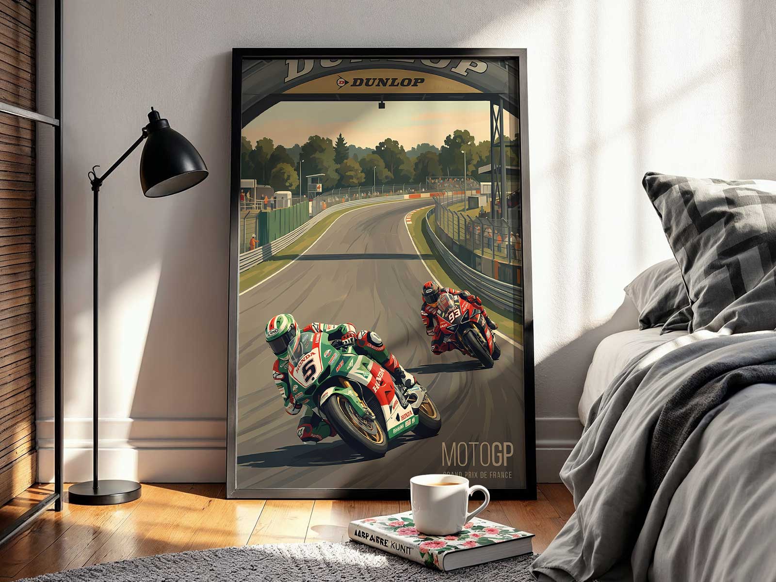 Portrait-style poster of a MotoGP rider preparing in the pit lane, helmet on, team in soft focus behind creating narrative…