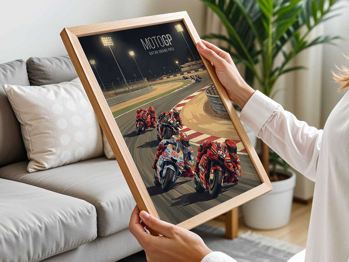MotoGP Qatar wall art combining motorsport engineering and intense visual movement in a fast-paced composition