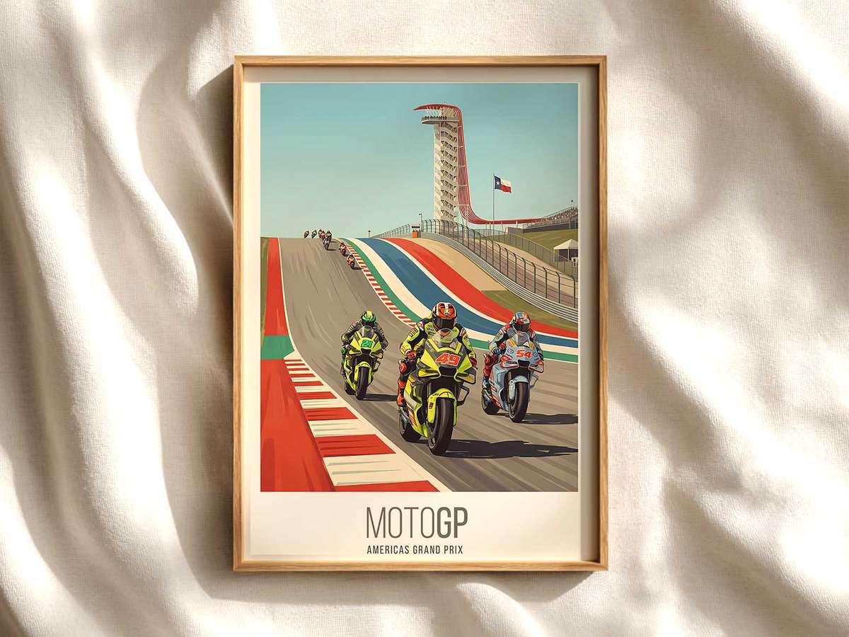 COTA Hills at Golden Hour Poster MotoGP poster shown as premium motorcycle racing wall art
