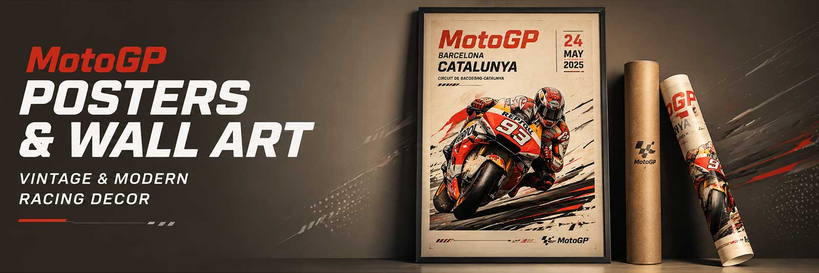 modern interior featuring a motogp racing scene poster with a motorcycle leaning into a track corner