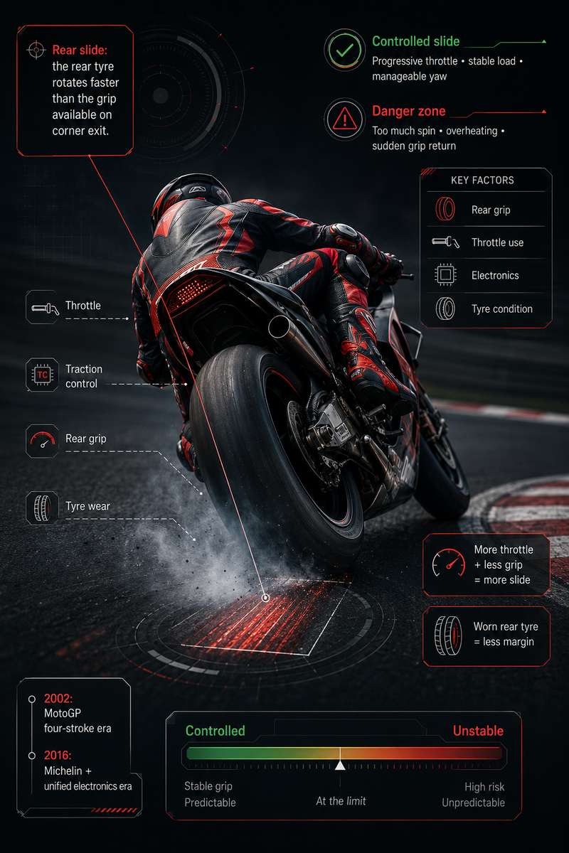 Close-up of rider's right hand on throttle while rear tyre steps out