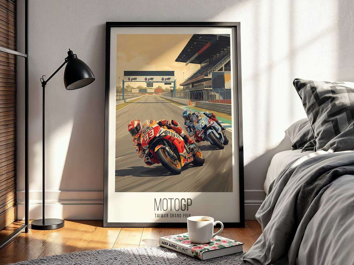 Artistic MotoGP Thailand Chang Circuit wall art featuring speed-focused composition with trackside detail inspired by first turn battle