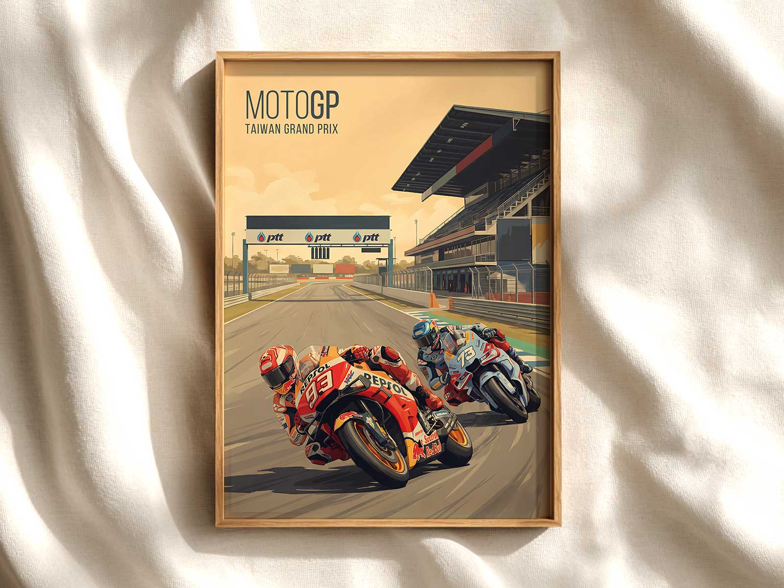 Wide view of the Chang circuit during a MotoGP start with riders approaching the first corner