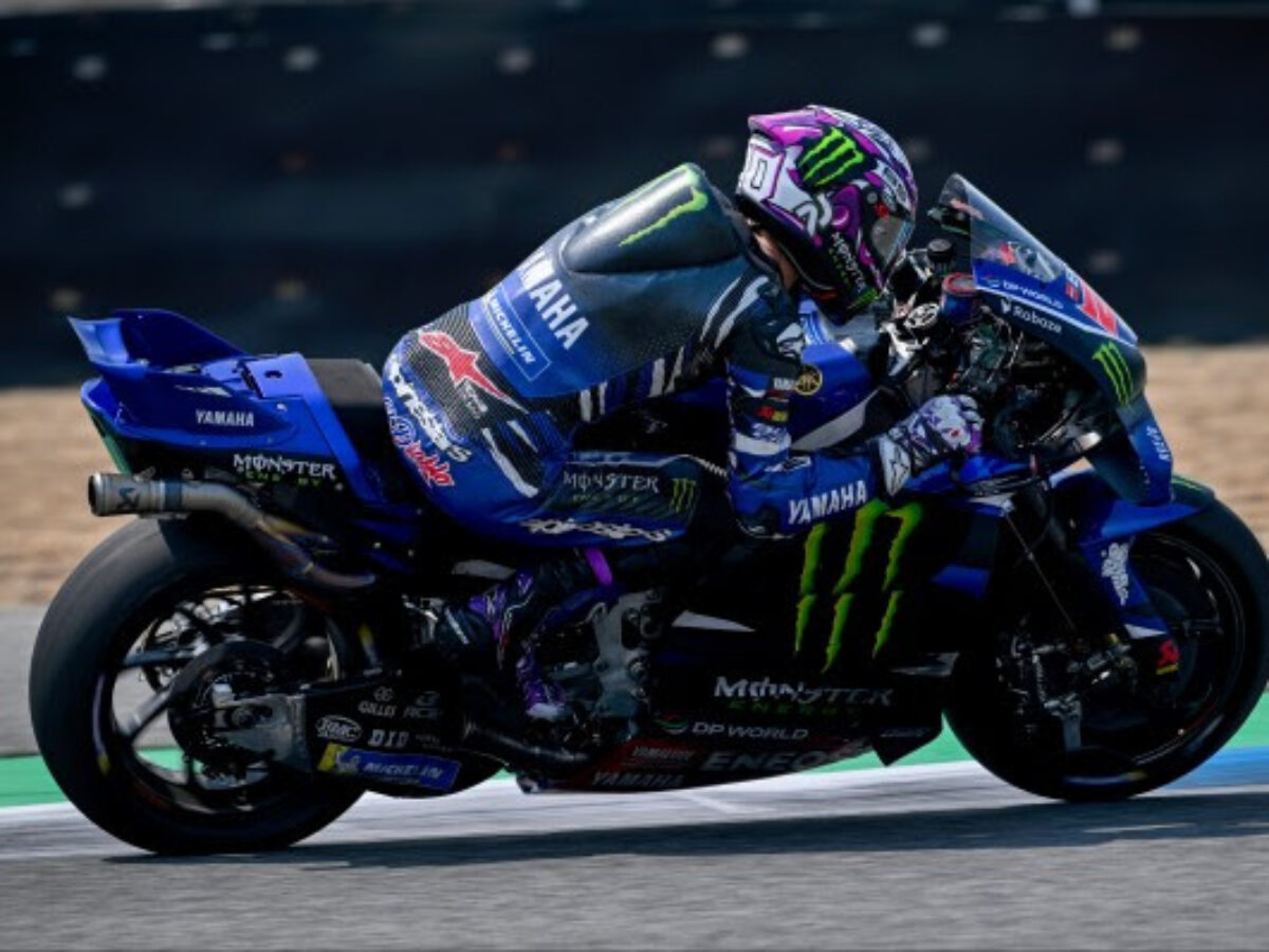 Yamaha MotoGP bike front fairing showing aerodynamic winglets and vents in a wind tunnel setup